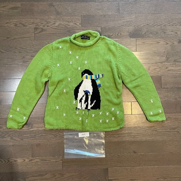 Monterey Bay Knit Penguin Sweater, Green, Size M, knit, long sleeve, scarf - Picture 7 of 8